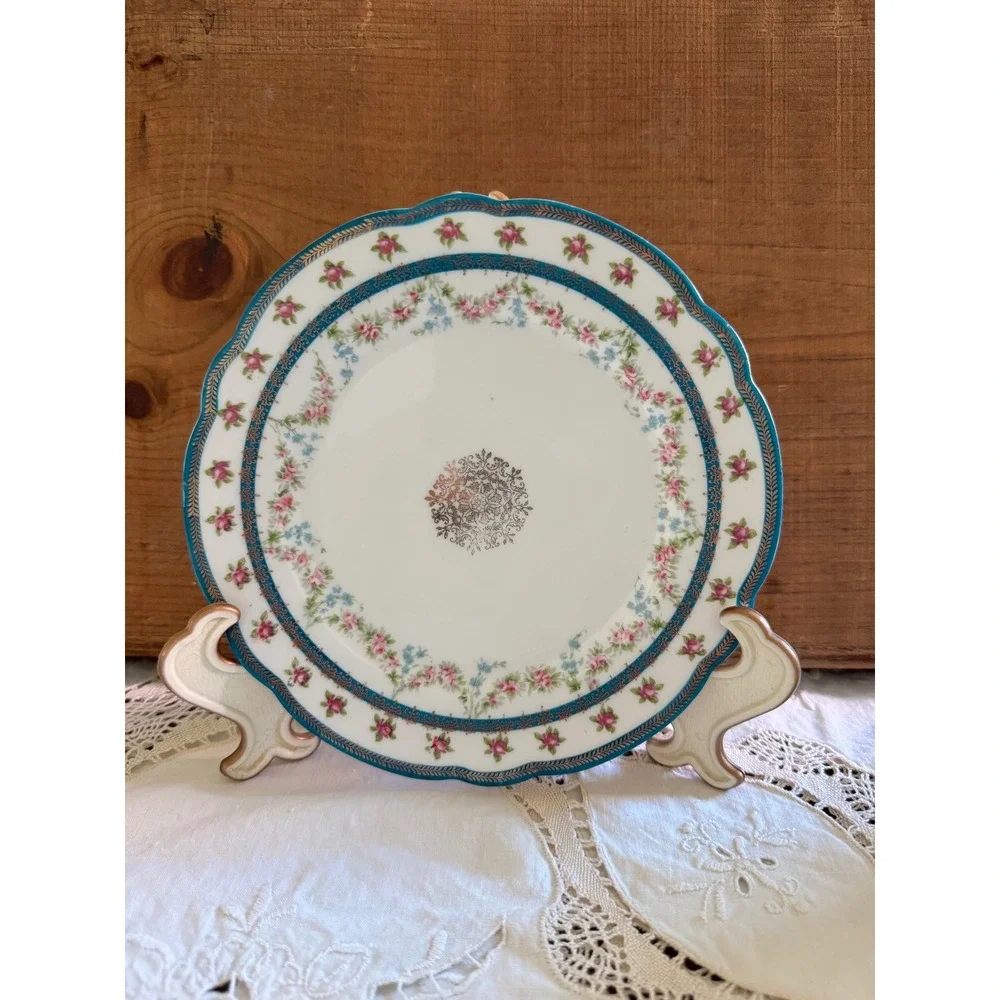 Antique Austria Porcelain Salad Plate Pink Rose Teal Gold Filigree Scalloped